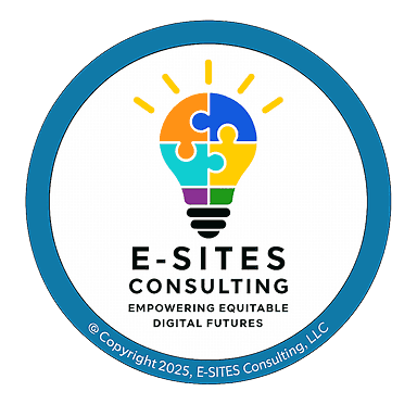 Image features a symbolic light bulb formed by six interlocking puzzle pieces of different colors. Five rays of light radiate from the bulb. From left to right, top to bottom, puzzle colors use the pattern: Orange, Blue, Turquoise, Yellow, Purple, and Green. A thick, dark blue, double-lined ring encircles all elements, containing the copyright notice, &quot;© Copyright 2025, E-SITES Consulting, LLC.&quot;